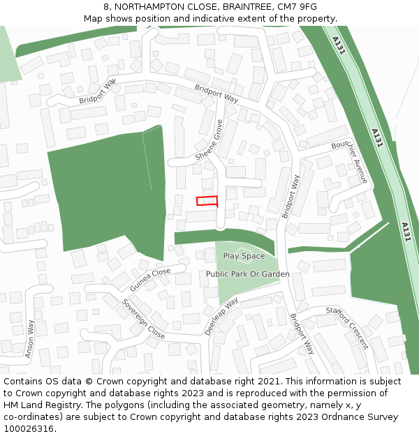 8, NORTHAMPTON CLOSE, BRAINTREE, CM7 9FG: Location map and indicative extent of plot