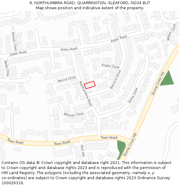 8, NORTHUMBRIA ROAD, QUARRINGTON, SLEAFORD, NG34 8UT: Location map and indicative extent of plot