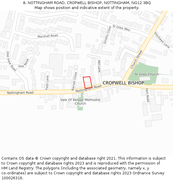 8, NOTTINGHAM ROAD, CROPWELL BISHOP, NOTTINGHAM, NG12 3BQ: Location map and indicative extent of plot