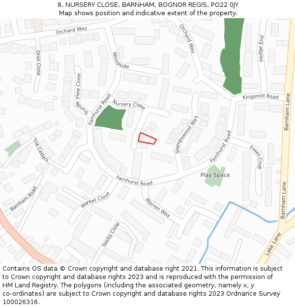 8, NURSERY CLOSE, BARNHAM, BOGNOR REGIS, PO22 0JY: Location map and indicative extent of plot