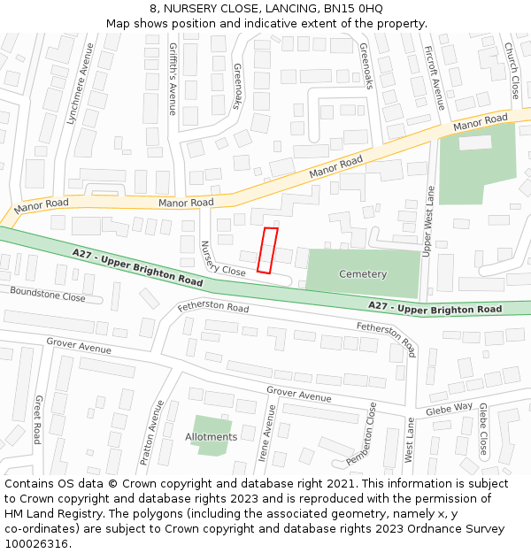 8, NURSERY CLOSE, LANCING, BN15 0HQ: Location map and indicative extent of plot