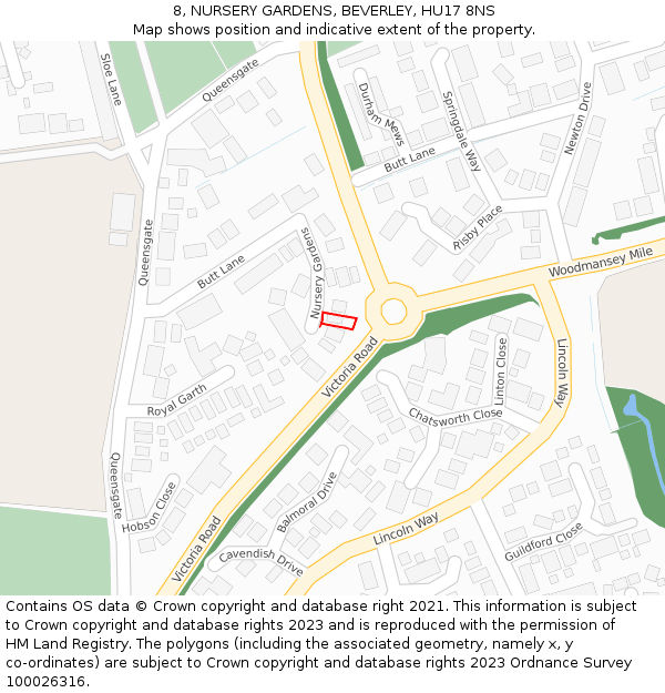 8, NURSERY GARDENS, BEVERLEY, HU17 8NS: Location map and indicative extent of plot