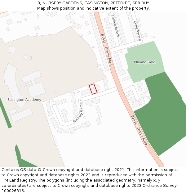 8, NURSERY GARDENS, EASINGTON, PETERLEE, SR8 3UY: Location map and indicative extent of plot