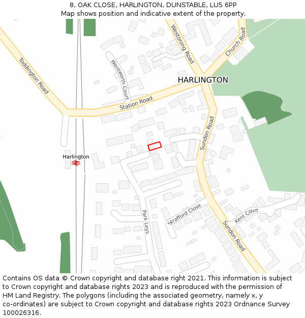 8, OAK CLOSE, HARLINGTON, DUNSTABLE, LU5 6PP: Location map and indicative extent of plot