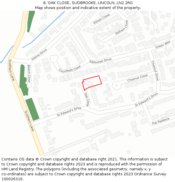 8, OAK CLOSE, SUDBROOKE, LINCOLN, LN2 2RG: Location map and indicative extent of plot