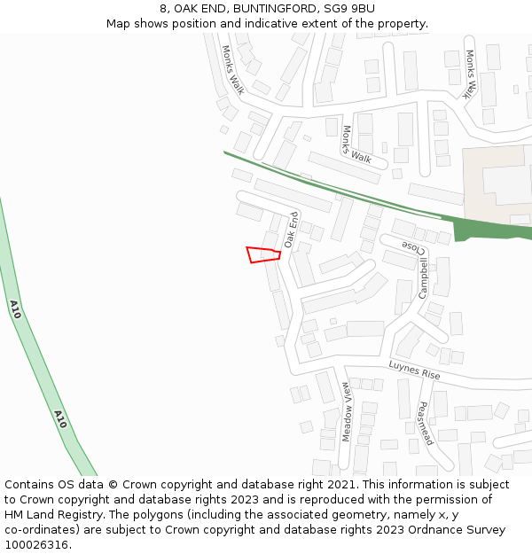 8, OAK END, BUNTINGFORD, SG9 9BU: Location map and indicative extent of plot