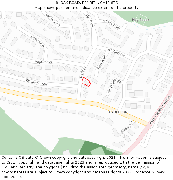 8, OAK ROAD, PENRITH, CA11 8TS: Location map and indicative extent of plot