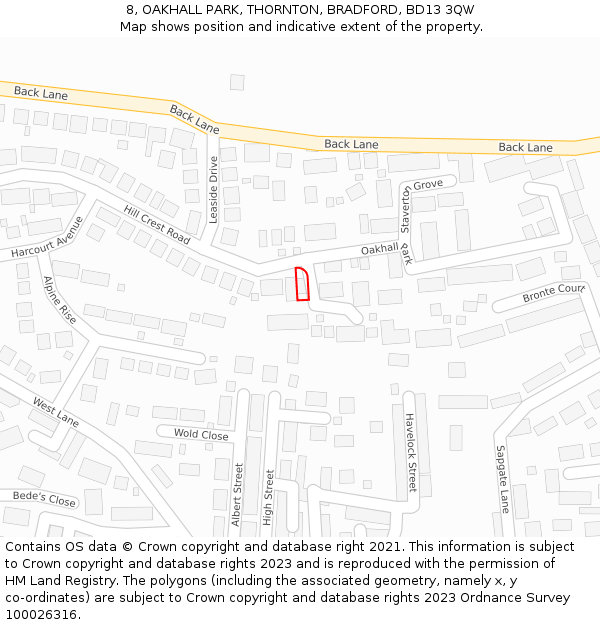 8, OAKHALL PARK, THORNTON, BRADFORD, BD13 3QW: Location map and indicative extent of plot