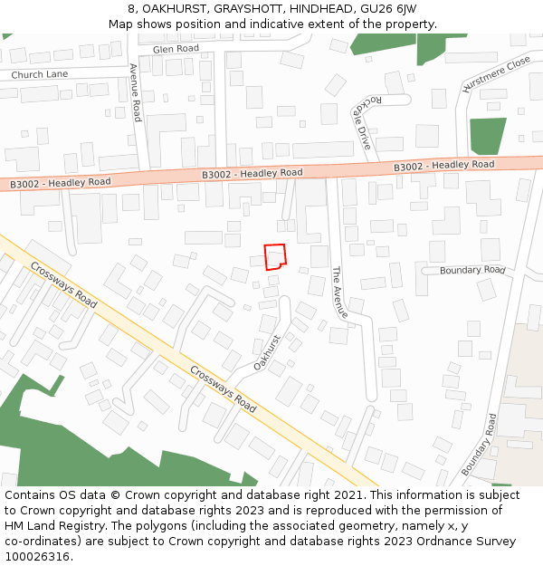 8, OAKHURST, GRAYSHOTT, HINDHEAD, GU26 6JW: Location map and indicative extent of plot