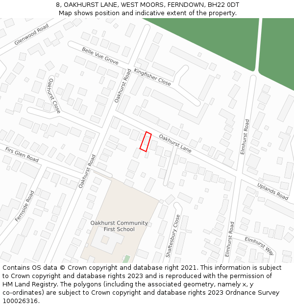 8, OAKHURST LANE, WEST MOORS, FERNDOWN, BH22 0DT: Location map and indicative extent of plot