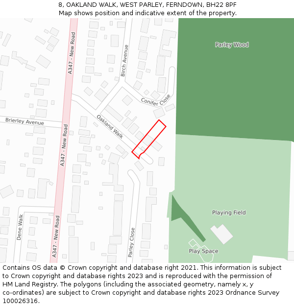 8, OAKLAND WALK, WEST PARLEY, FERNDOWN, BH22 8PF: Location map and indicative extent of plot