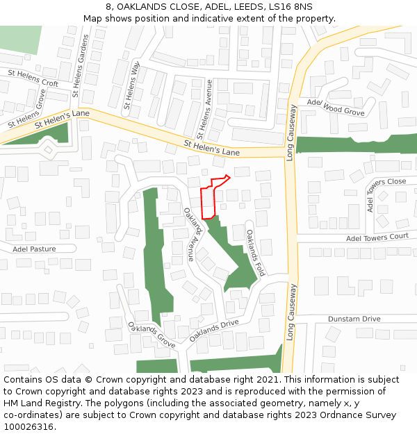 8, OAKLANDS CLOSE, ADEL, LEEDS, LS16 8NS: Location map and indicative extent of plot