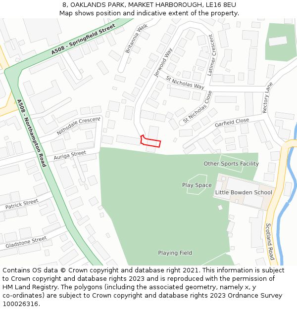 8, OAKLANDS PARK, MARKET HARBOROUGH, LE16 8EU: Location map and indicative extent of plot