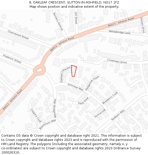 8, OAKLEAF CRESCENT, SUTTON-IN-ASHFIELD, NG17 1FZ: Location map and indicative extent of plot