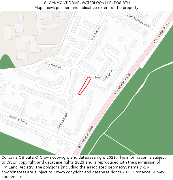 8, OAKMONT DRIVE, WATERLOOVILLE, PO8 8TH: Location map and indicative extent of plot