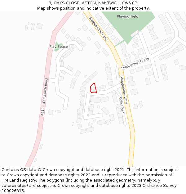 8, OAKS CLOSE, ASTON, NANTWICH, CW5 8BJ: Location map and indicative extent of plot