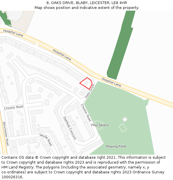 8, OAKS DRIVE, BLABY, LEICESTER, LE8 4HR: Location map and indicative extent of plot