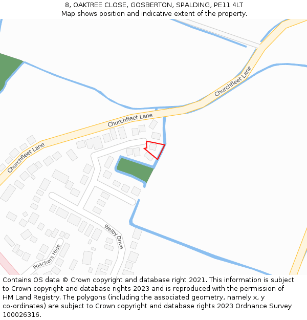 8, OAKTREE CLOSE, GOSBERTON, SPALDING, PE11 4LT: Location map and indicative extent of plot