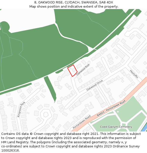 8, OAKWOOD RISE, CLYDACH, SWANSEA, SA8 4DX: Location map and indicative extent of plot