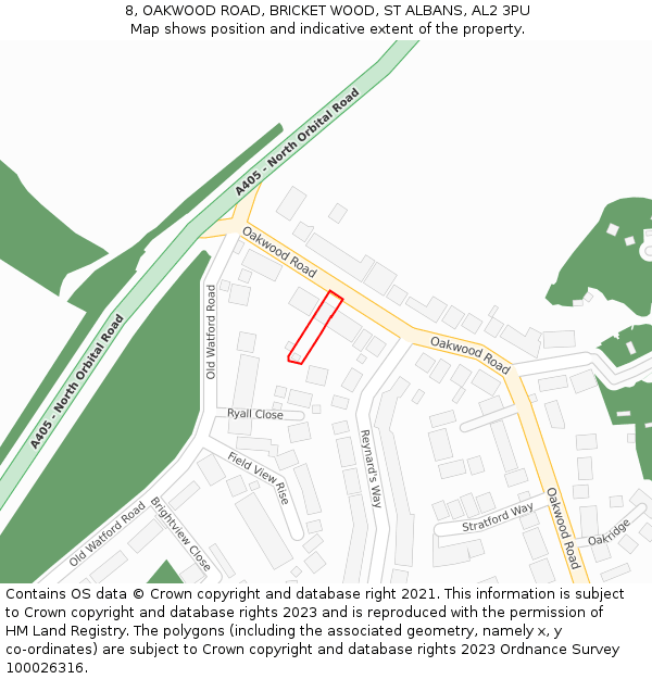 8, OAKWOOD ROAD, BRICKET WOOD, ST ALBANS, AL2 3PU: Location map and indicative extent of plot