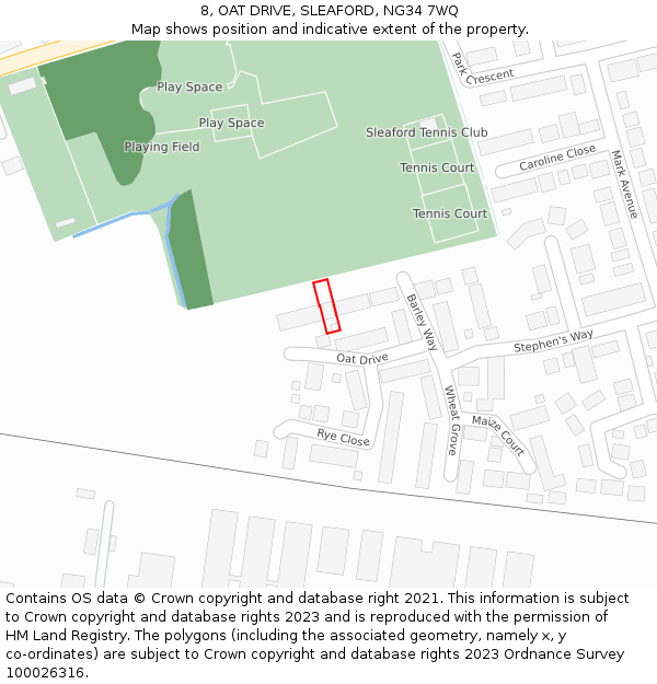 8, OAT DRIVE, SLEAFORD, NG34 7WQ: Location map and indicative extent of plot