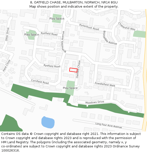 8, OATFIELD CHASE, MULBARTON, NORWICH, NR14 8GU: Location map and indicative extent of plot
