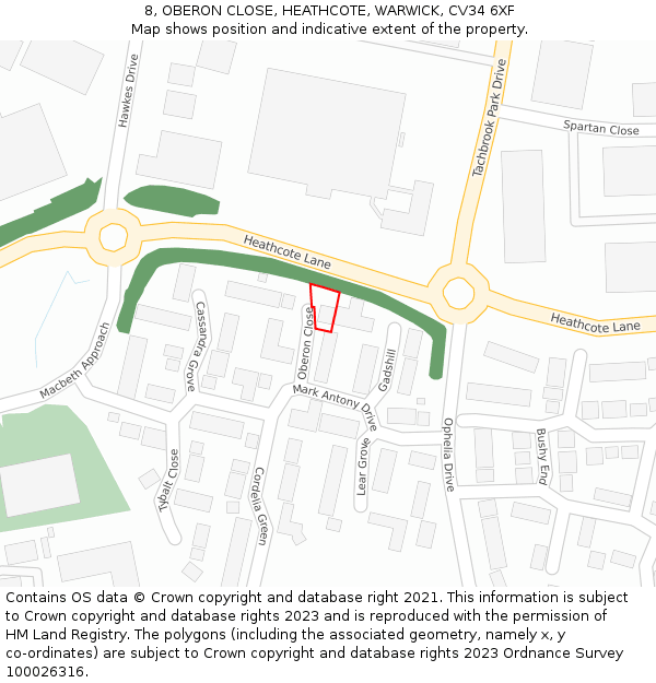 8, OBERON CLOSE, HEATHCOTE, WARWICK, CV34 6XF: Location map and indicative extent of plot