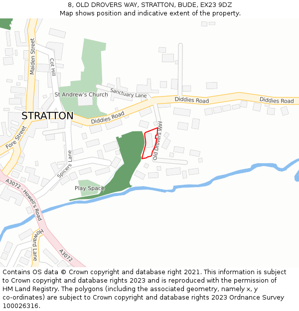 8, OLD DROVERS WAY, STRATTON, BUDE, EX23 9DZ: Location map and indicative extent of plot