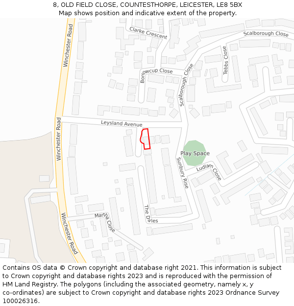 8, OLD FIELD CLOSE, COUNTESTHORPE, LEICESTER, LE8 5BX: Location map and indicative extent of plot