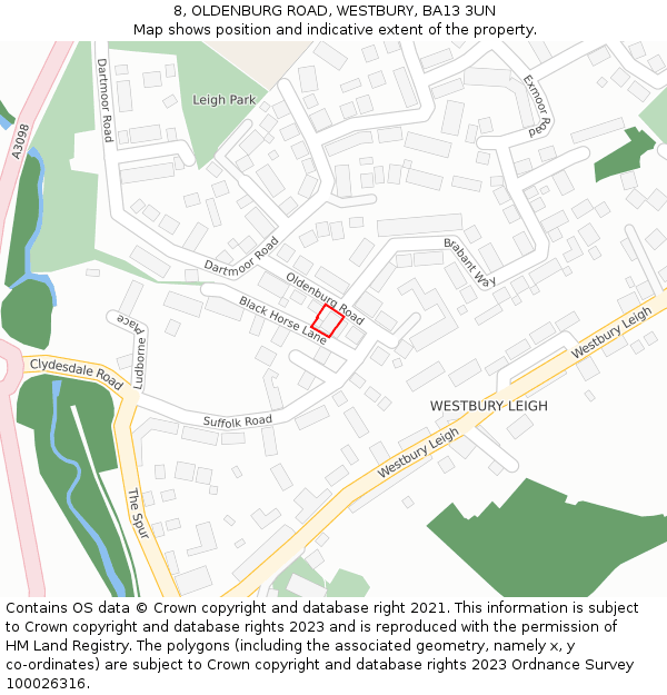 8, OLDENBURG ROAD, WESTBURY, BA13 3UN: Location map and indicative extent of plot