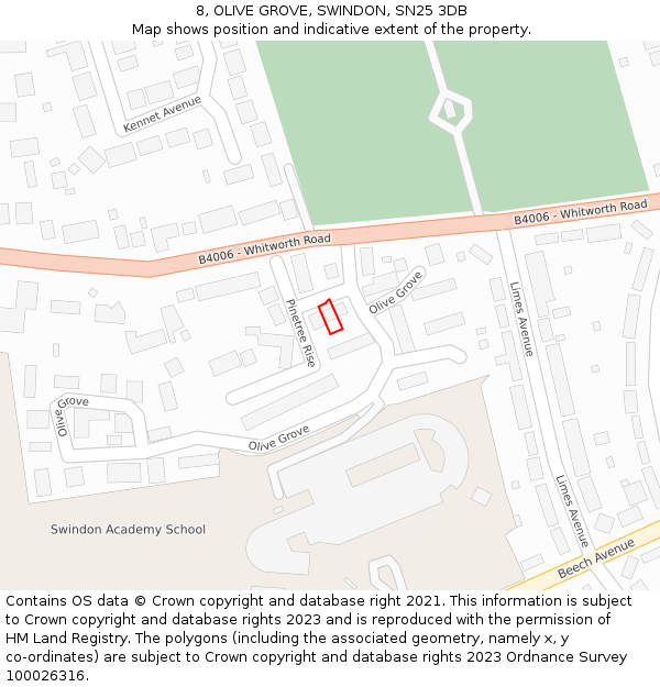 8, OLIVE GROVE, SWINDON, SN25 3DB: Location map and indicative extent of plot