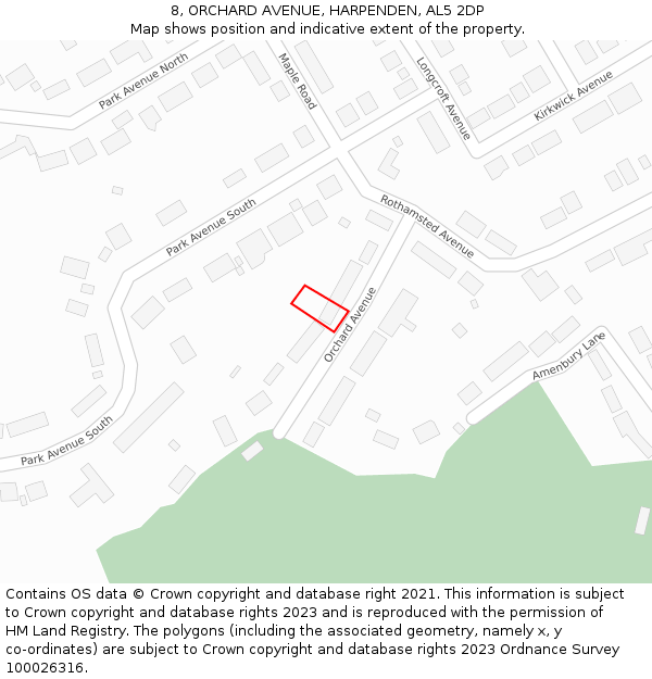 8, ORCHARD AVENUE, HARPENDEN, AL5 2DP: Location map and indicative extent of plot