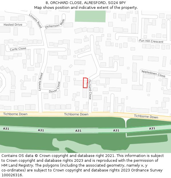 8, ORCHARD CLOSE, ALRESFORD, SO24 9PY: Location map and indicative extent of plot
