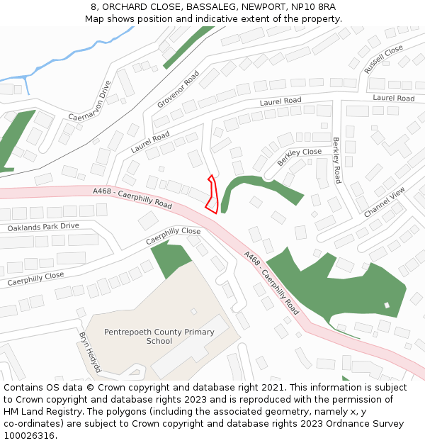 8, ORCHARD CLOSE, BASSALEG, NEWPORT, NP10 8RA: Location map and indicative extent of plot
