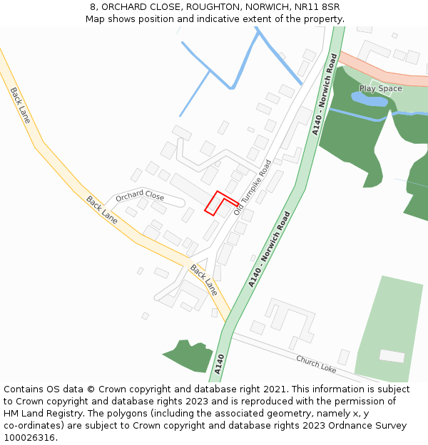 8, ORCHARD CLOSE, ROUGHTON, NORWICH, NR11 8SR: Location map and indicative extent of plot