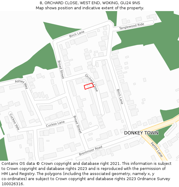 8, ORCHARD CLOSE, WEST END, WOKING, GU24 9NS: Location map and indicative extent of plot