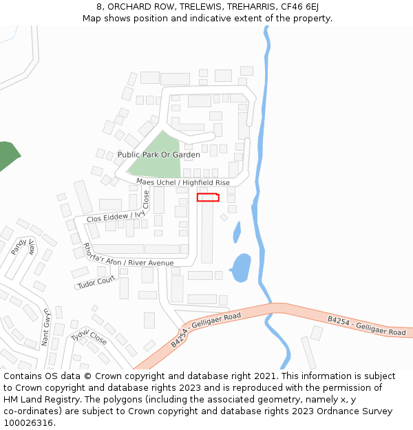 8, ORCHARD ROW, TRELEWIS, TREHARRIS, CF46 6EJ: Location map and indicative extent of plot