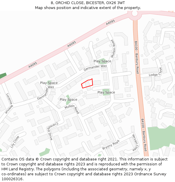 8, ORCHID CLOSE, BICESTER, OX26 3WT: Location map and indicative extent of plot
