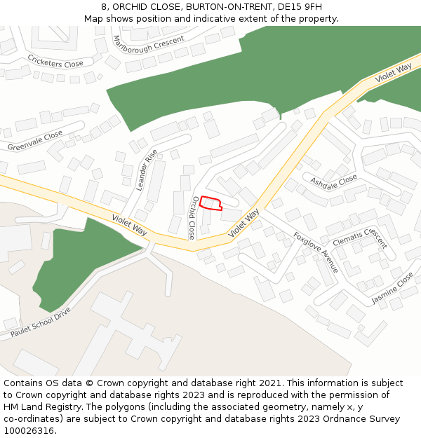 8, ORCHID CLOSE, BURTON-ON-TRENT, DE15 9FH: Location map and indicative extent of plot