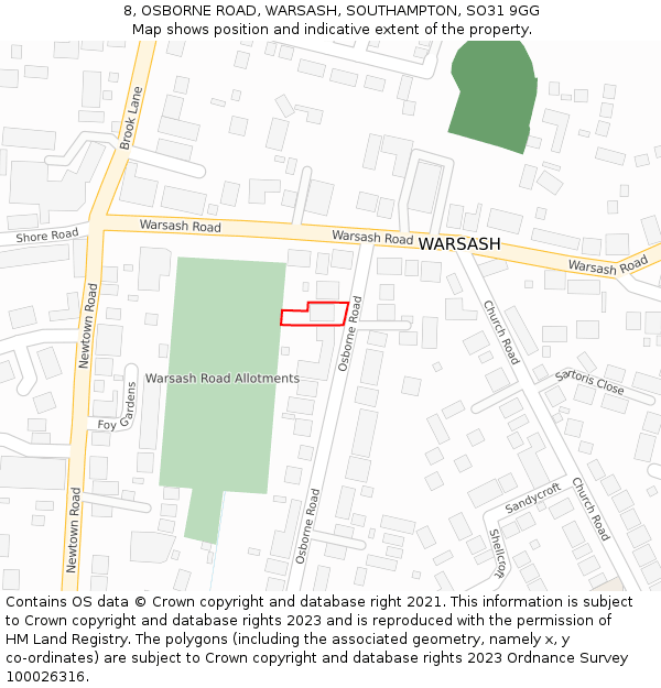 8, OSBORNE ROAD, WARSASH, SOUTHAMPTON, SO31 9GG: Location map and indicative extent of plot