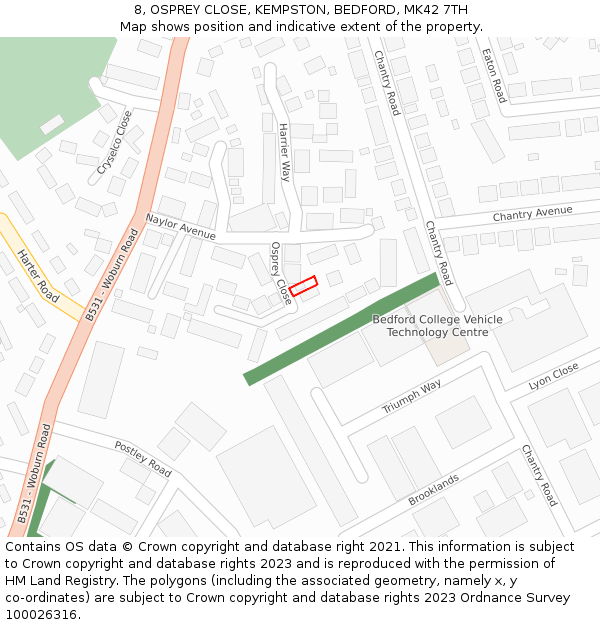 8, OSPREY CLOSE, KEMPSTON, BEDFORD, MK42 7TH: Location map and indicative extent of plot