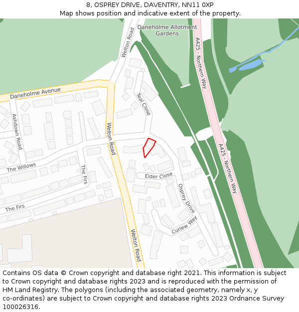 8, OSPREY DRIVE, DAVENTRY, NN11 0XP: Location map and indicative extent of plot