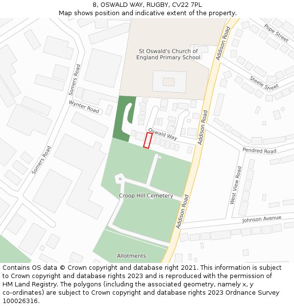 8, OSWALD WAY, RUGBY, CV22 7PL: Location map and indicative extent of plot