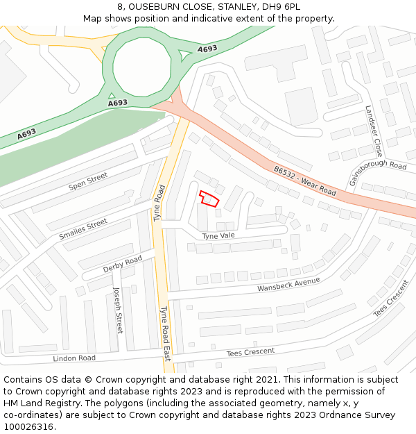 8, OUSEBURN CLOSE, STANLEY, DH9 6PL: Location map and indicative extent of plot