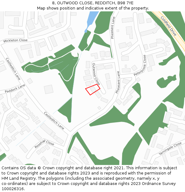 8, OUTWOOD CLOSE, REDDITCH, B98 7YE: Location map and indicative extent of plot