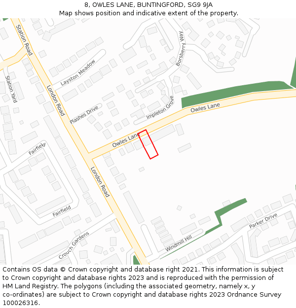 8, OWLES LANE, BUNTINGFORD, SG9 9JA: Location map and indicative extent of plot