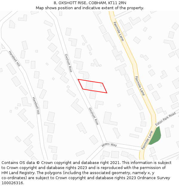 8, OXSHOTT RISE, COBHAM, KT11 2RN: Location map and indicative extent of plot