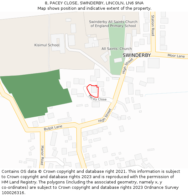 8, PACEY CLOSE, SWINDERBY, LINCOLN, LN6 9NA: Location map and indicative extent of plot