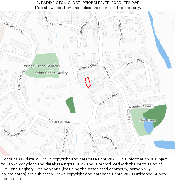 8, PADDINGTON CLOSE, PRIORSLEE, TELFORD, TF2 9WF: Location map and indicative extent of plot