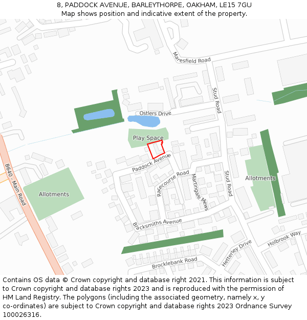 8, PADDOCK AVENUE, BARLEYTHORPE, OAKHAM, LE15 7GU: Location map and indicative extent of plot